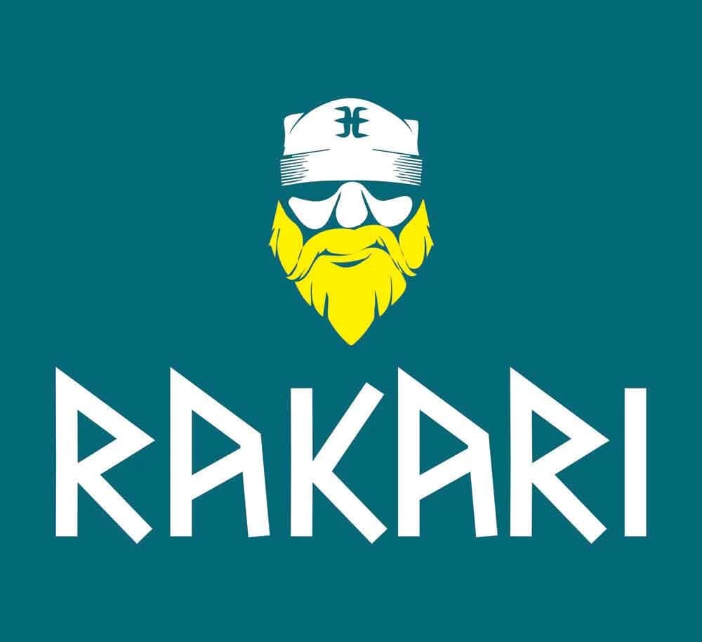 Rakari zīmola logo ar ilustrētu bārdainu maskotu uz tirkīza fona