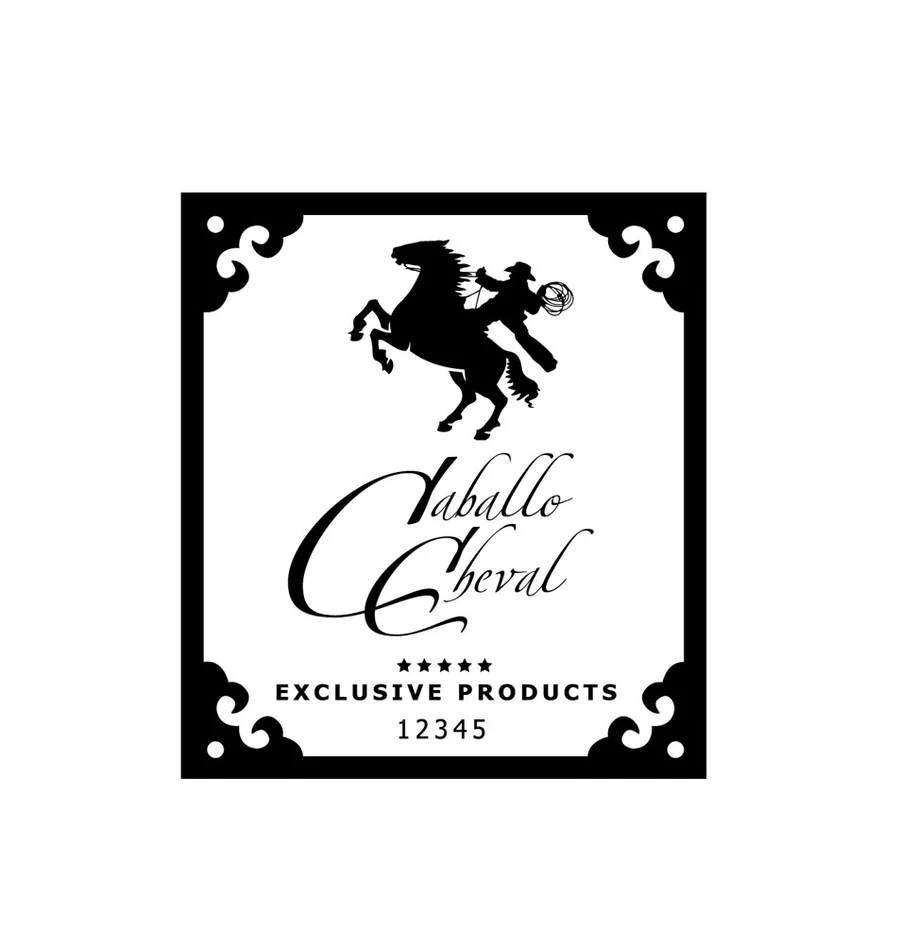 Caballo Cheval ekskluzīvo produktu logo ar izsmalcinātu zirga un jātnieka ilustrāciju