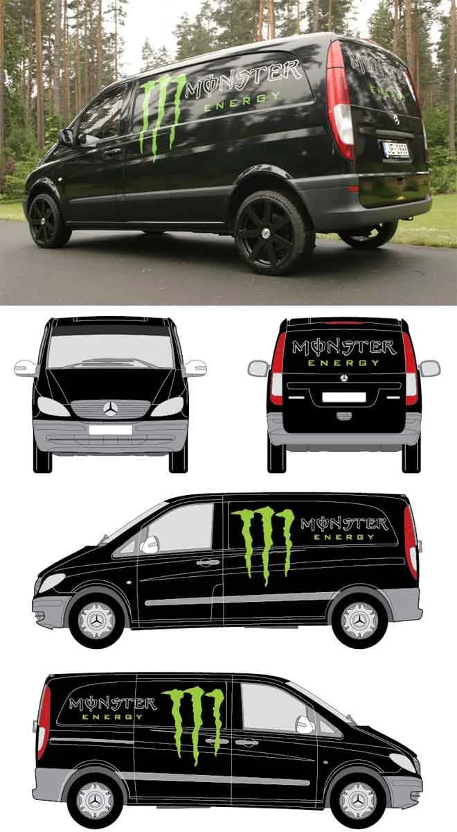 Monster Energy zīmola mikroautobusa aplīmējums no vairākiem leņķiem