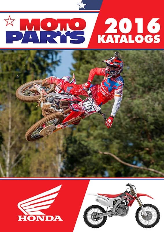 Moto Parts 2016 kataloga vāks Honda zīmolam ar motokrosa braucēju lēcienā