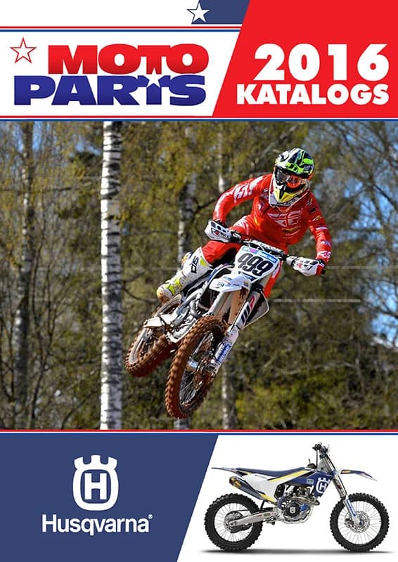 Moto Parts 2016 kataloga vāks Husqvarna zīmolam ar motokrosa braucēju lēcienā mežā