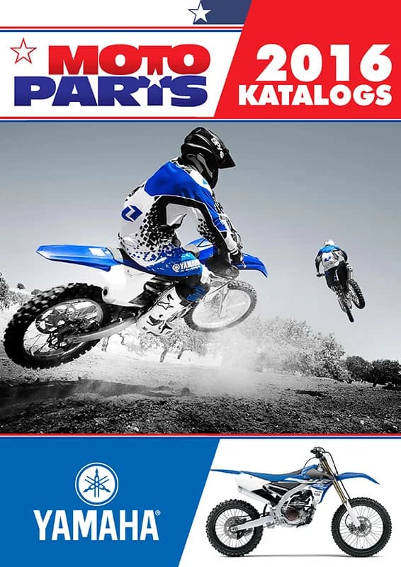 Moto Parts 2016 kataloga vāks Yamaha zīmolam ar diviem motokrosa braucējiem putekļu mākonī