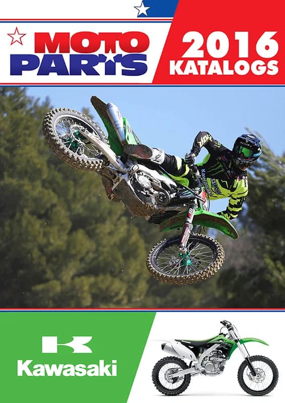 Moto Parts 2016 kataloga vāks Kawasaki zīmolam ar braucēju lēcienā virs dubļainas trases