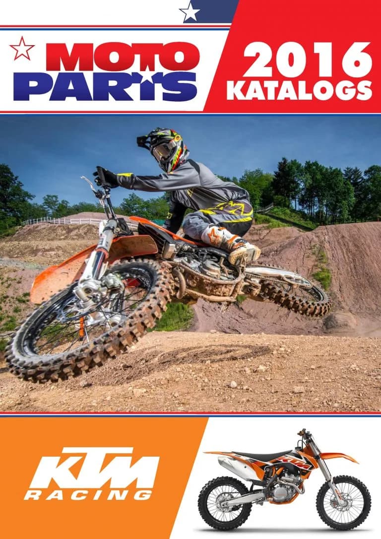 Moto Parts 2016 kataloga vāks KTM Racing zīmolam ar braucēju uz zemes kalniņa