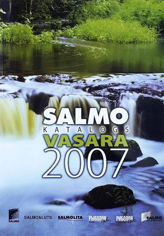 Salmo 2007. gada vasaras makšķerēšanas kataloga vāks ar meža ūdenskritumu