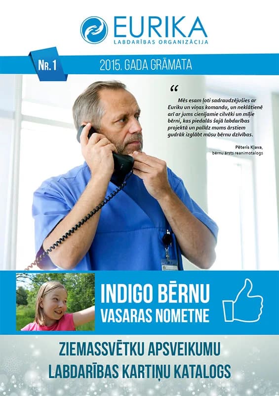Eurika labdarības organizācijas gada grāmatas kataloga vāks ar ārstu pie telefona