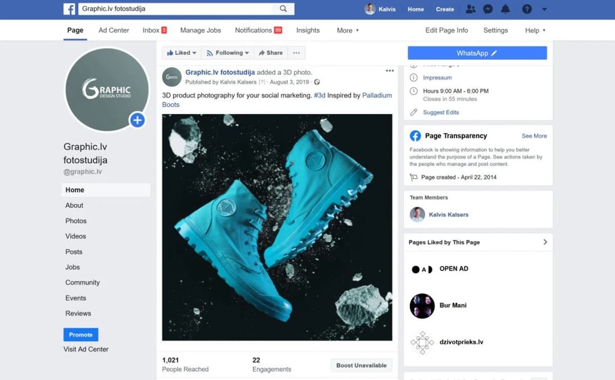 Facebook ieraksts ar turkīza krāsas Palladium zābaku 3D produkta fotogrāfiju, izveidots sociālo tīklu mārketingam