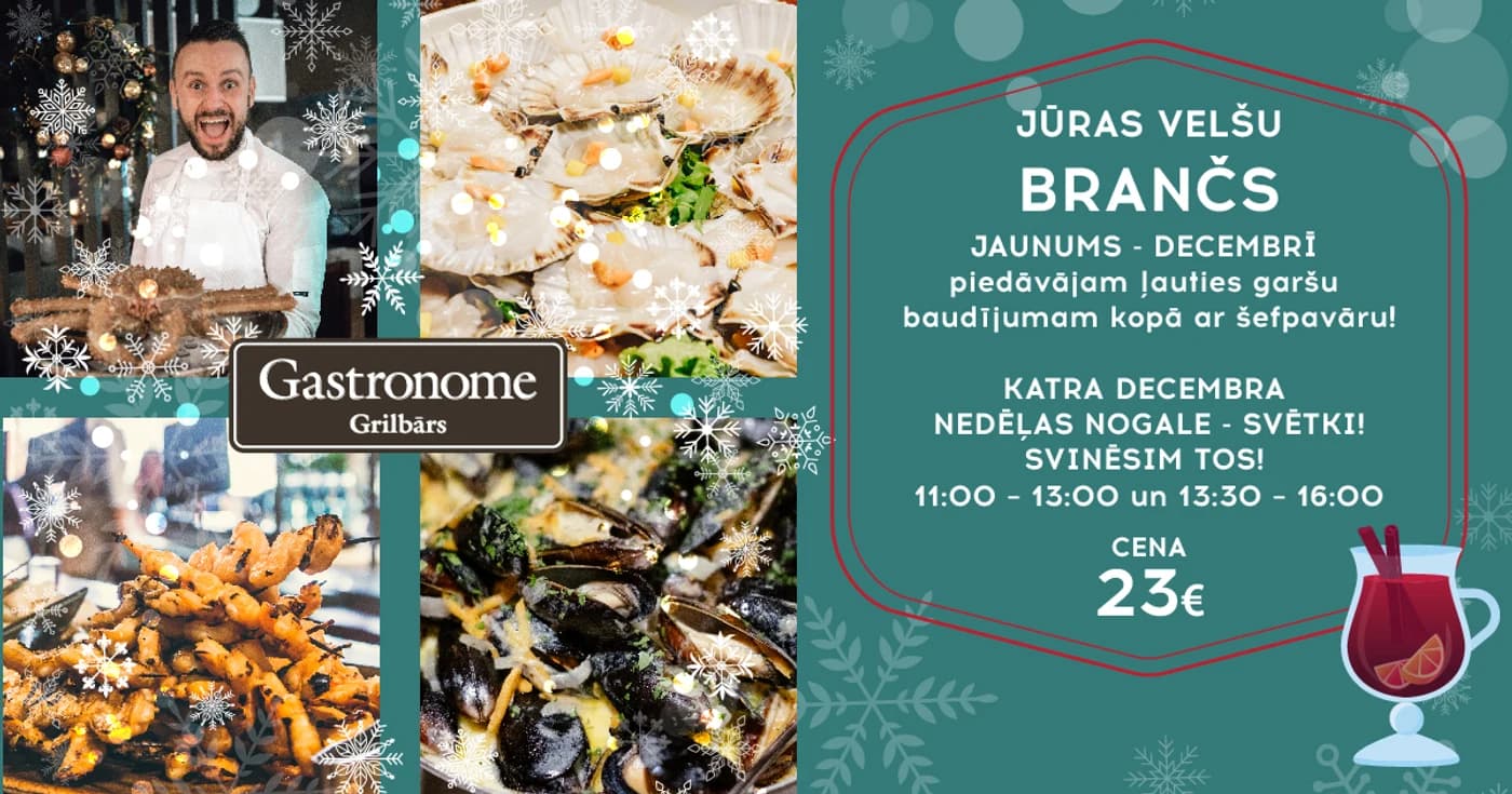 Facebook pasākuma vāks Gastronome Grilbārs jūras velšu brančas kampaņai ar ēdienu fotogrāfiju kolāžu