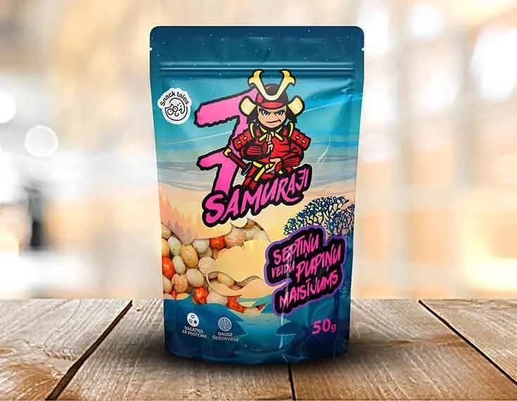 7 Samuraji pupiņu uzkodu maisiņa iepakojuma dizains