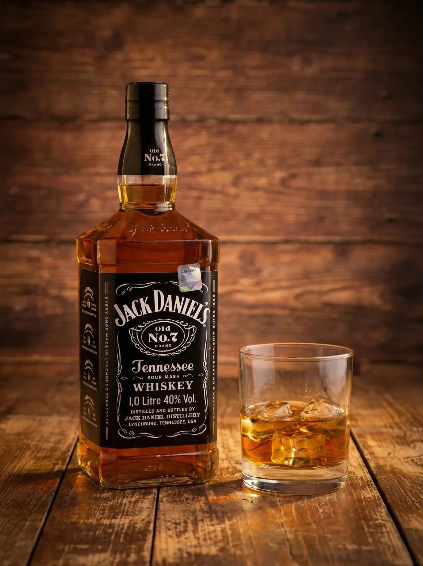 AI ģenerēts reklāmas foto Jack Daniel's Tennessee viskija pudelei blakus viskija glāzei ar ledu uz koka galda