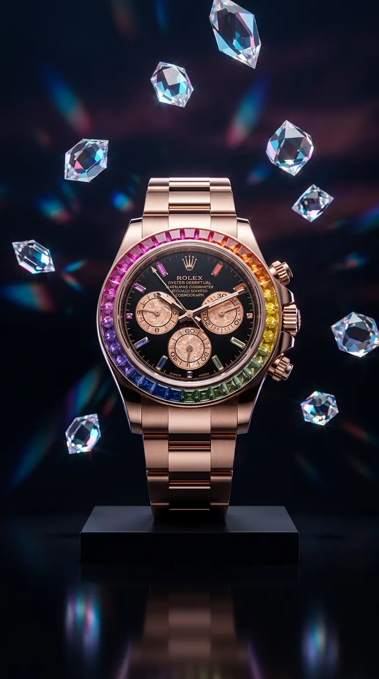 AI ģenerēts reklāmas foto Rolex pulkstenim ar varavīksnes rāmi, ielenktam lidojošiem dārgakmeņiem uz tumša fona