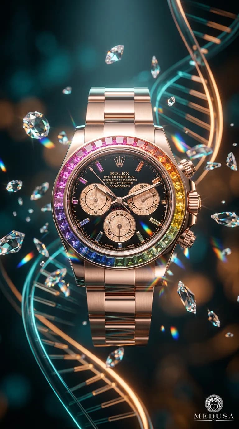 AI ģenerēts reklāmas foto Rolex pulkstenim ar varavīksnes rāmi, ielenktam lidojošiem dārgakmeņiem un spīdošu DNS spirāli