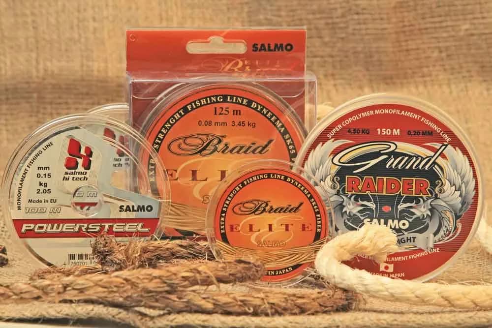 Salmo makšķerēšanas auklas un pinuma spoles, produktu fotogrāfija