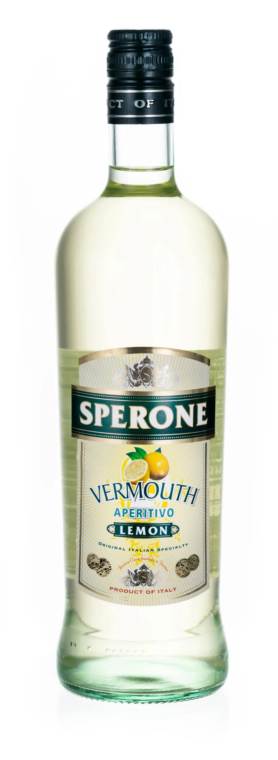 Sperone citrona vermuta aperitīva pudele, produkta foto uz balta fona