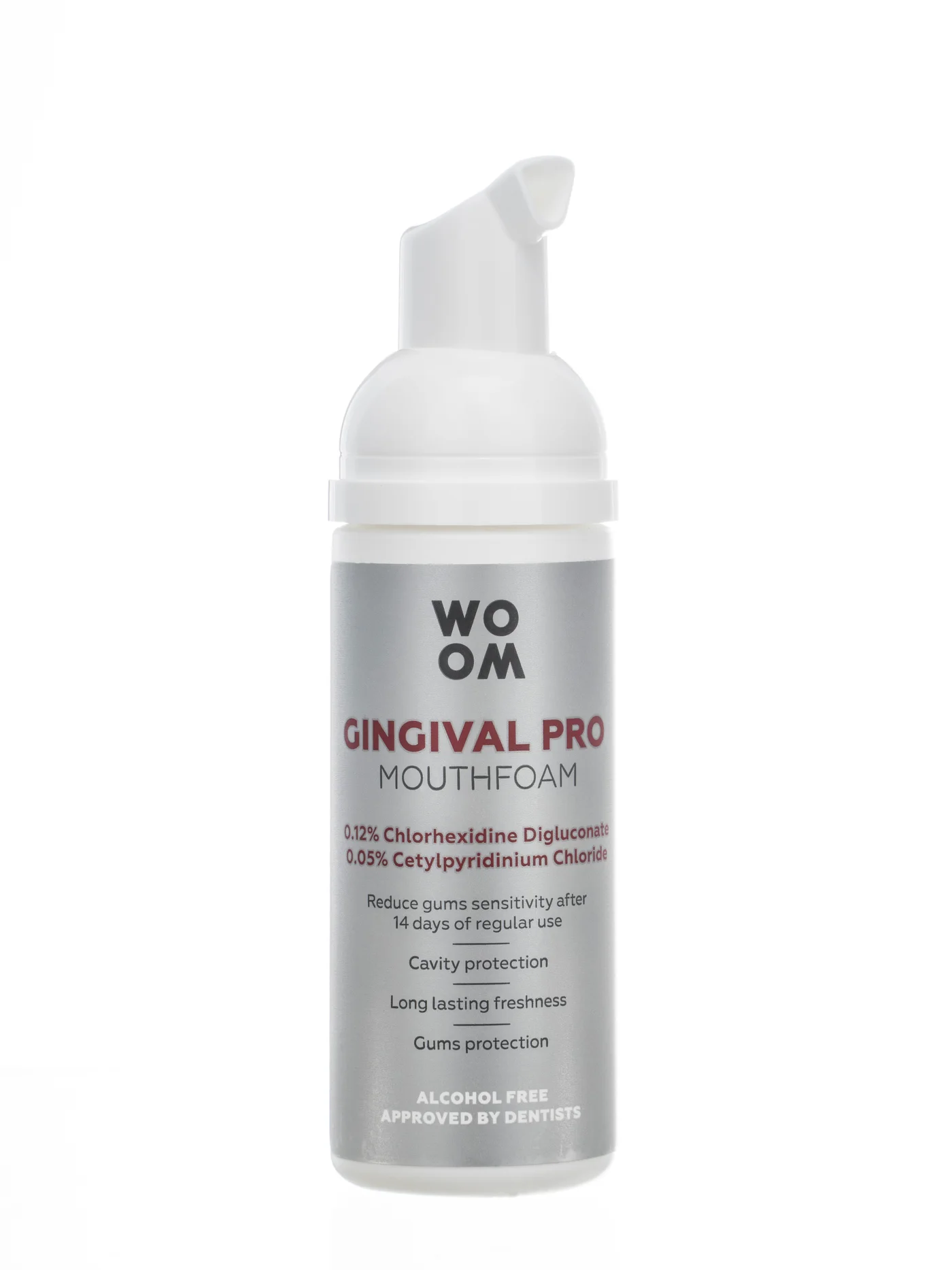Oriģinālais vienkāršais produkta foto Woom Gingival Pro mutes putu pudelei uz balta fona