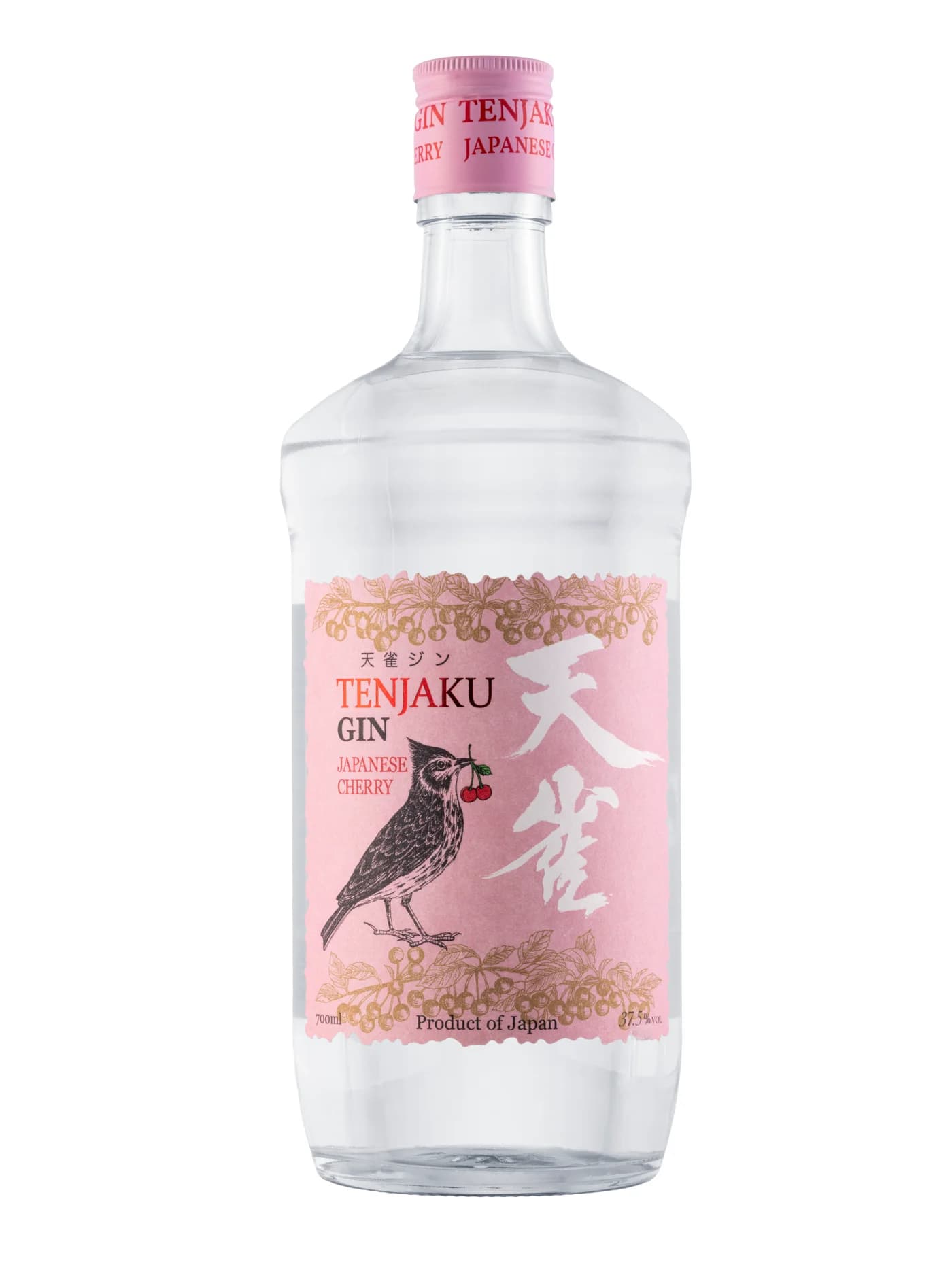 Oriģinālais vienkāršais produkta foto Tenjaku Japanese Cherry džina pudelei uz balta fona