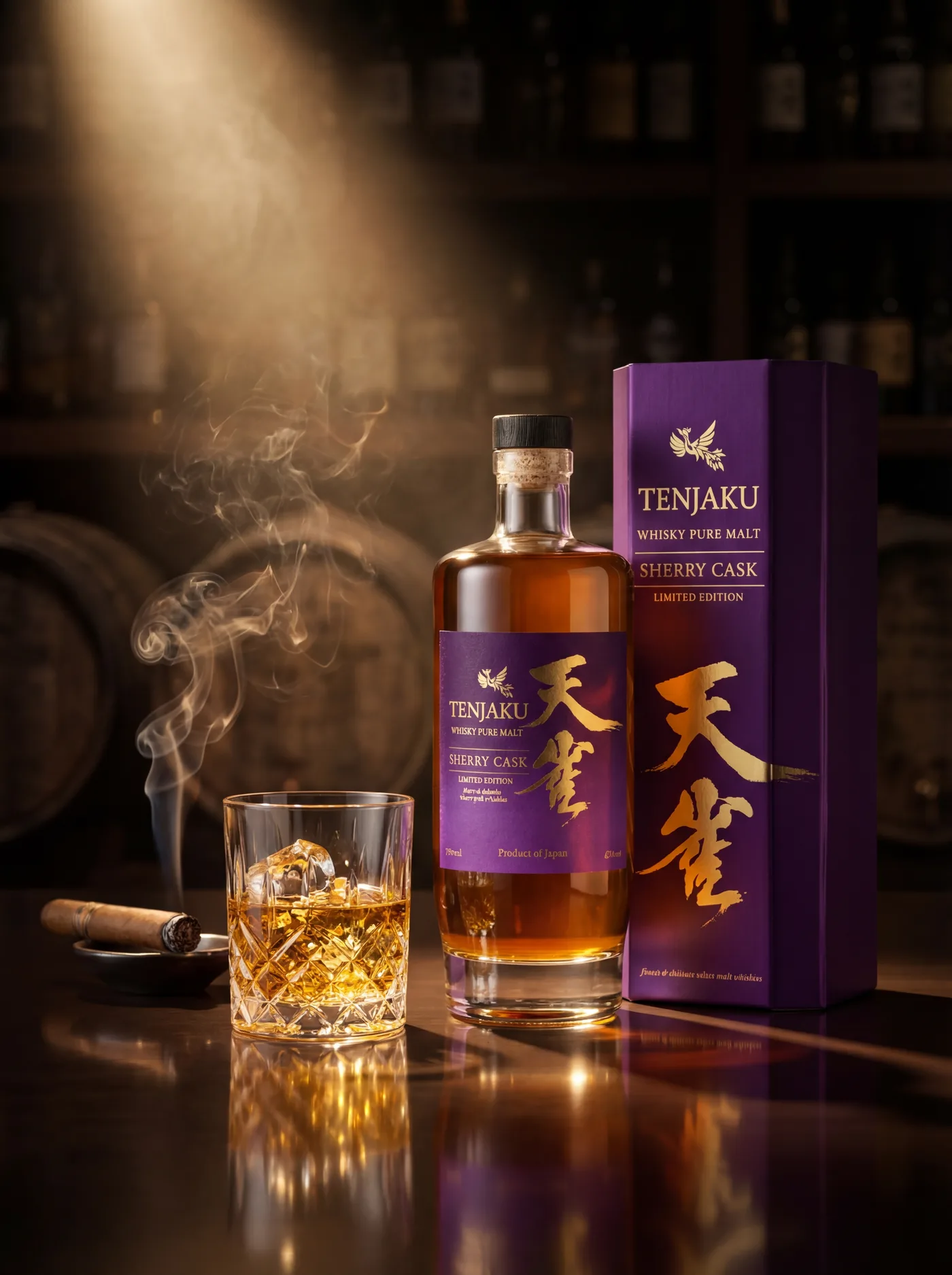 AI ģenerēts noskaņu foto Tenjaku Sherry Cask pudelei un kārbai uz bāra letes ar viskija glāzi un cigāru