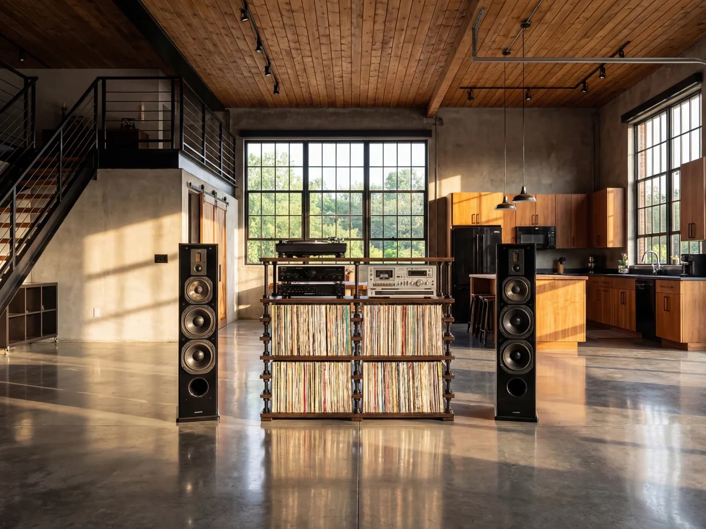 AI ģenerēts foto tai pašai hi-fi sistēmai un skaņuplašu kolekcijai modernā loft stila dzīvojamā istabā