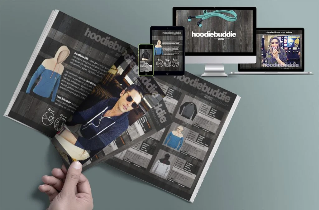 A printed catalog spread shown alongside its matching phone, tablet and desktop layouts